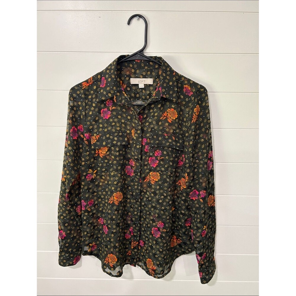LOFT Black Button-Down Blouse with Pink & Orange Floral Print